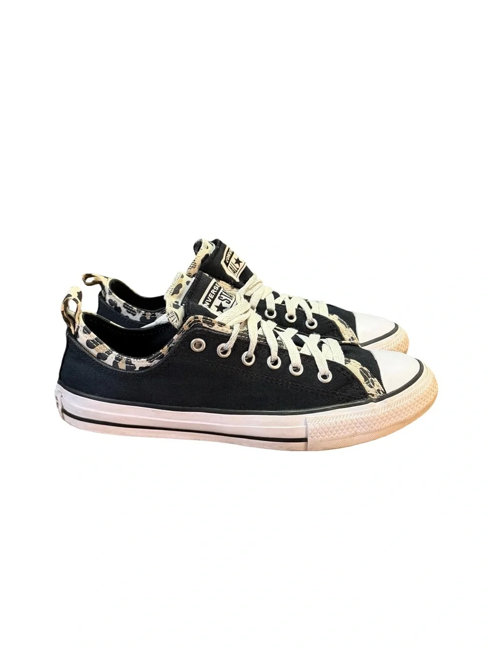 Converse Double Upper Ox Black Leopard Sneakers Juniors Size 6 Women’s Size 8